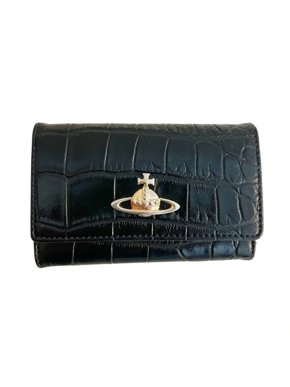 Vivienne Westwood Black Croc-Embossed Wallet Key Case with Gold Logo Authentic - Picture 1 of 14
